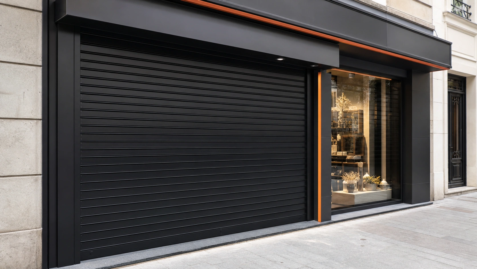 Boutique sécurisée avec rideau métallique à lames pleines